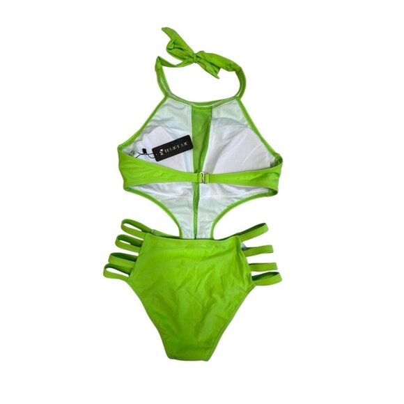 Women's M Cut Out One-Piece Halter Swimsuit Neon Green NWT - Picture 4 of 16
